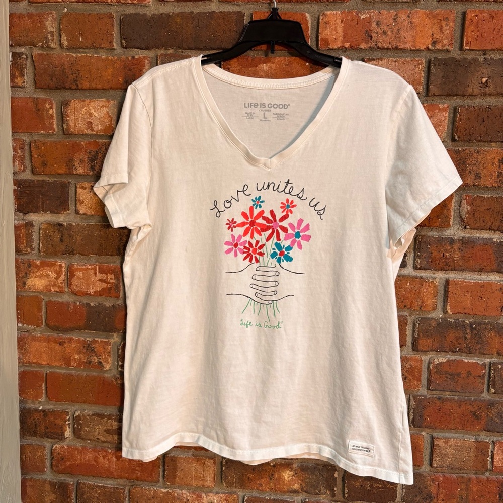 Life Is Good White Short Sleeve Tee with Pink & Red Floral Graphic